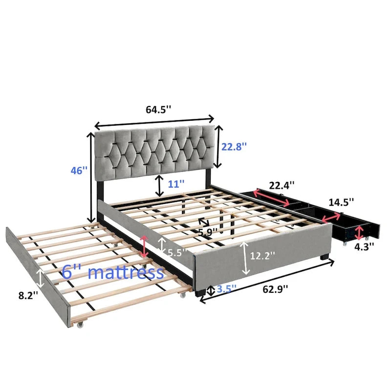 Lit plateforme Queen avec tête de lit touffetée dorée, lit gigogne et rangement (capacité de 272 kg)