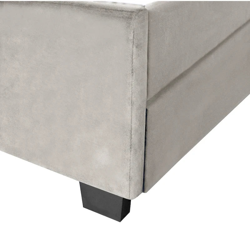 Lit plateforme Queen avec tête de lit touffetée dorée, lit gigogne et rangement (capacité de 272 kg)