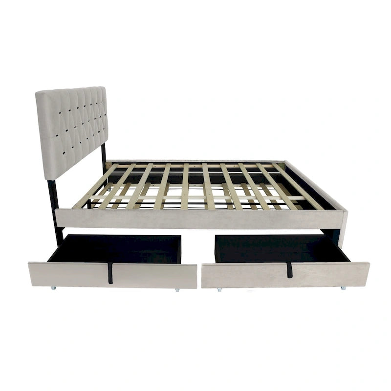 Lit plateforme Queen avec tête de lit touffetée dorée, lit gigogne et rangement (capacité de 272 kg)