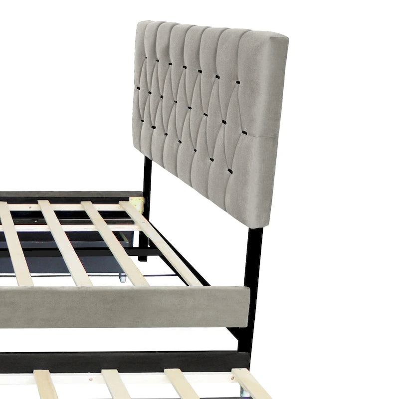 Lit plateforme Queen avec tête de lit touffetée dorée, lit gigogne et rangement (capacité de 272 kg)