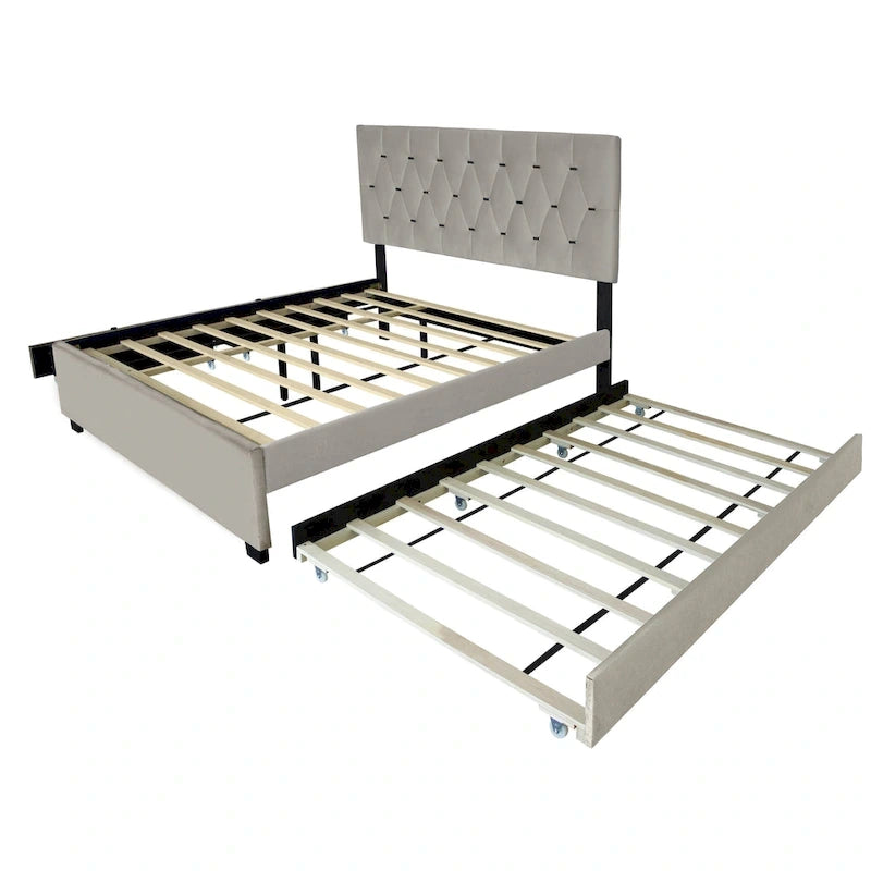Lit plateforme Queen avec tête de lit touffetée dorée, lit gigogne et rangement (capacité de 272 kg)