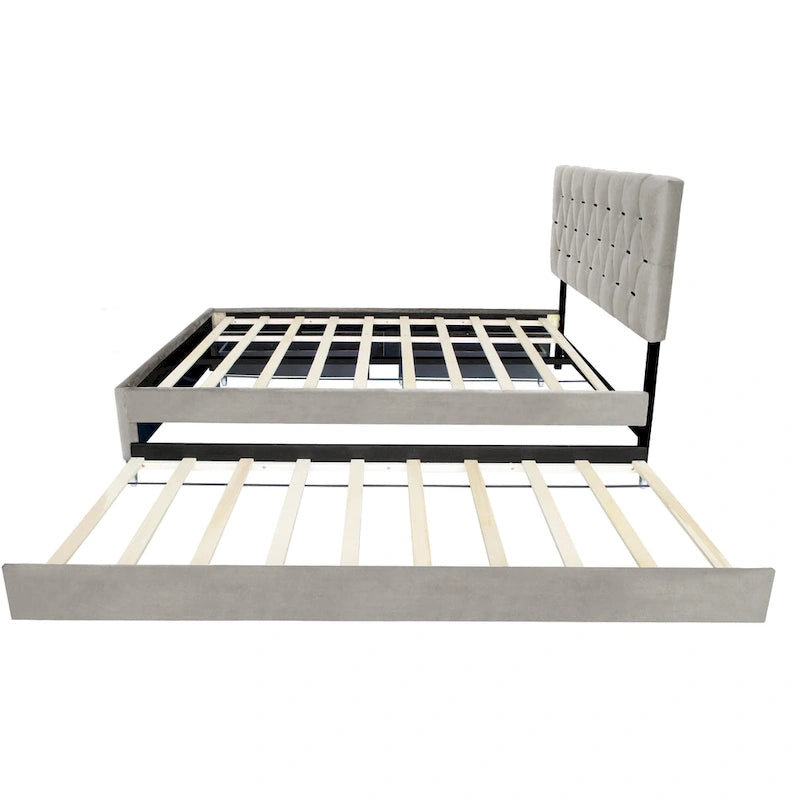 Lit plateforme Queen avec tête de lit touffetée dorée, lit gigogne et rangement (capacité de 272 kg)