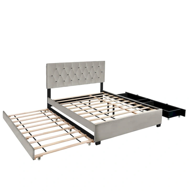 Lit plateforme Queen avec tête de lit touffetée dorée, lit gigogne et rangement (capacité de 272 kg)