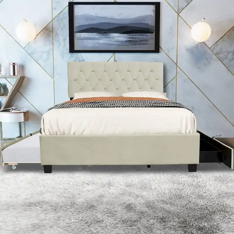Lit plateforme Queen avec tête de lit touffetée dorée, lit gigogne et rangement (capacité de 272 kg)