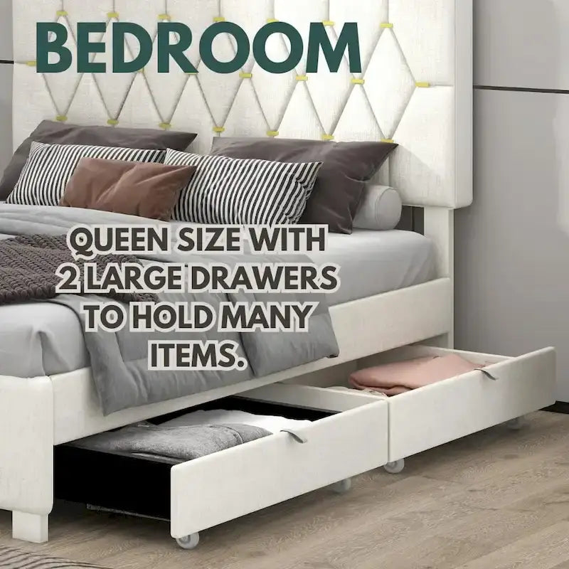 Lit plateforme Queen avec tête de lit touffetée dorée, lit gigogne et rangement (capacité de 272 kg)
