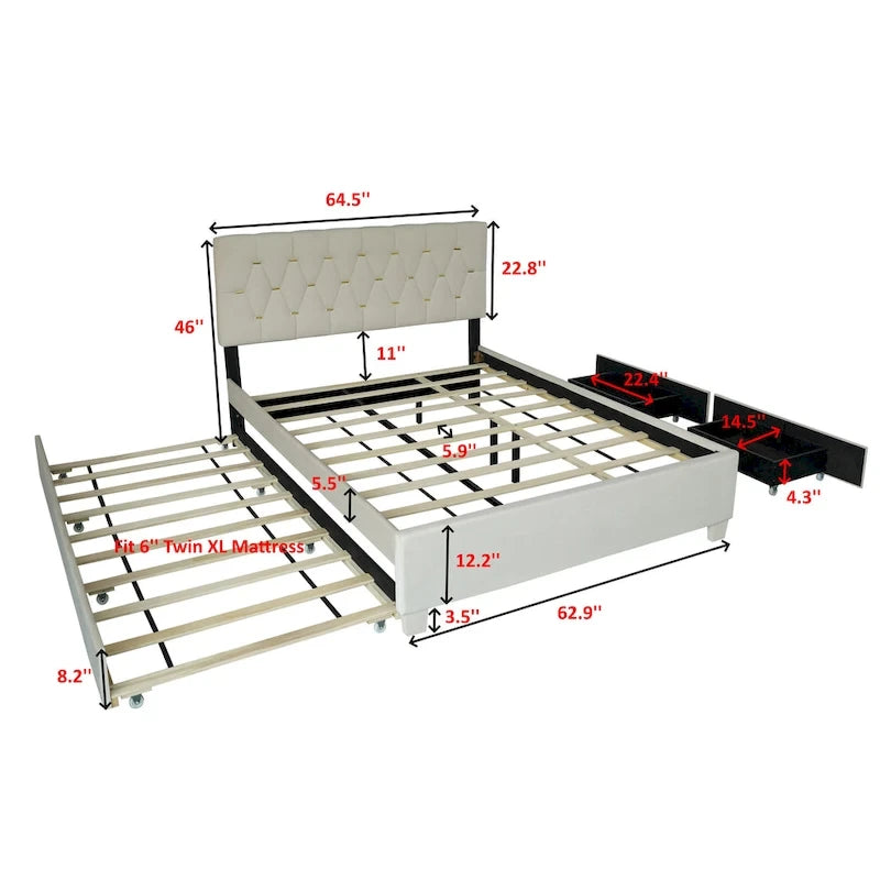 Lit plateforme Queen avec tête de lit touffetée dorée, lit gigogne et rangement (capacité de 272 kg)