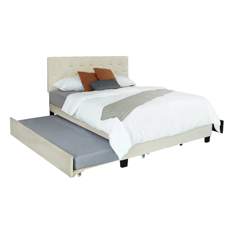 Lit plateforme Queen avec tête de lit touffetée dorée, lit gigogne et rangement (capacité de 272 kg)