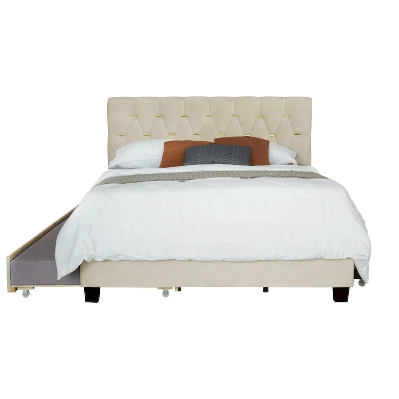 Lit plateforme Queen avec tête de lit touffetée dorée, lit gigogne et rangement (capacité de 272 kg)