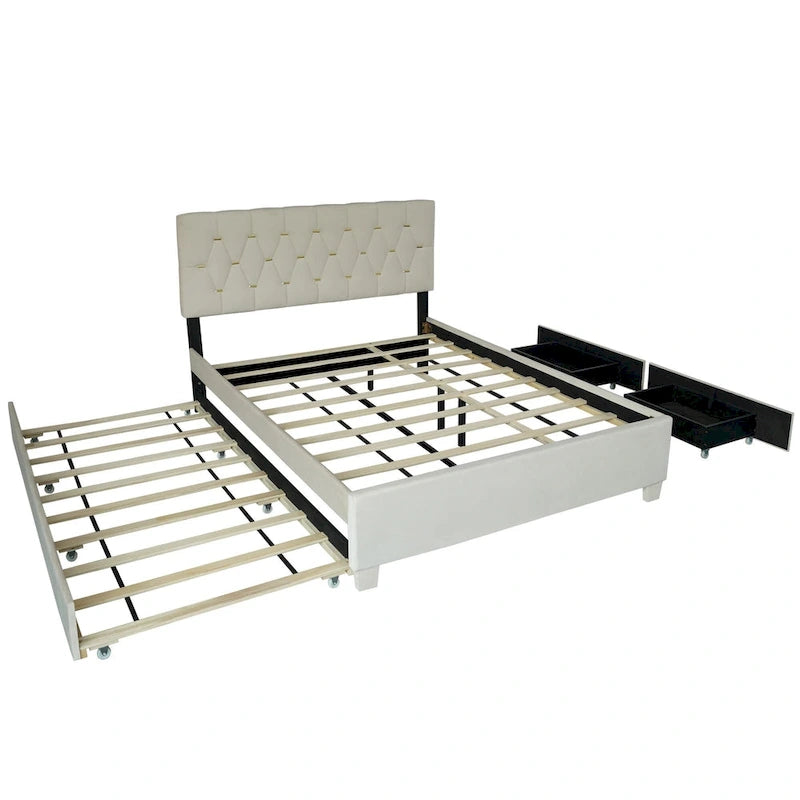 Lit plateforme Queen avec tête de lit touffetée dorée, lit gigogne et rangement (capacité de 272 kg)