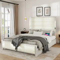 Cadre de lit Queen Size blanc en MDF et métal avec tête de lit rembourrée et 4 tiroirs de rangement