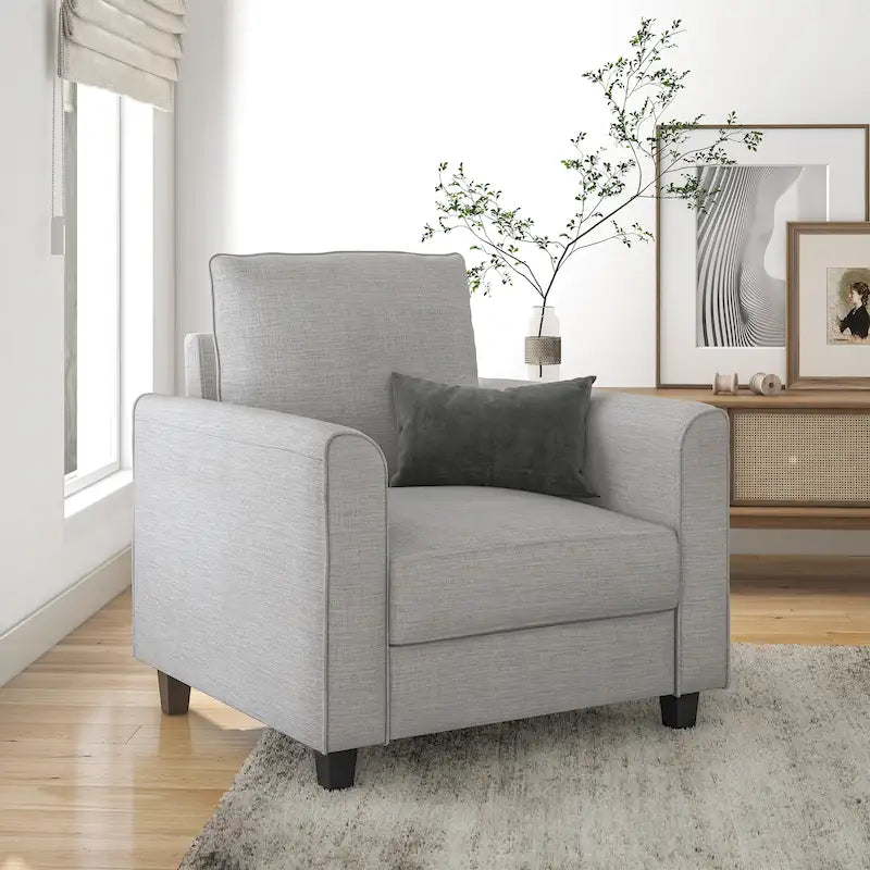 Fauteuil contemporain à accoudoirs évasés avec pieds fuselés en bois massif, fauteuil simple rembourré en tissu par