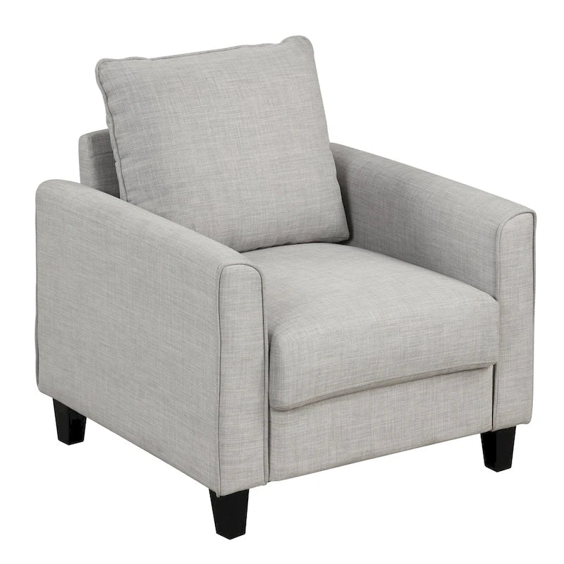 Fauteuil contemporain à accoudoirs évasés avec pieds fuselés en bois massif, fauteuil simple rembourré en tissu par