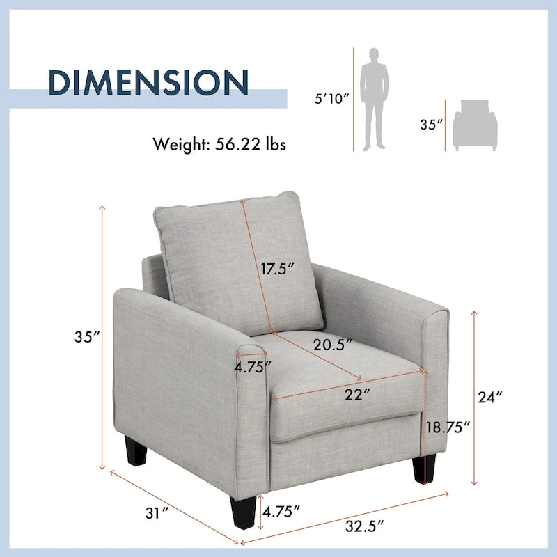 Fauteuil contemporain à accoudoirs évasés avec pieds fuselés en bois massif, fauteuil simple rembourré en tissu par
