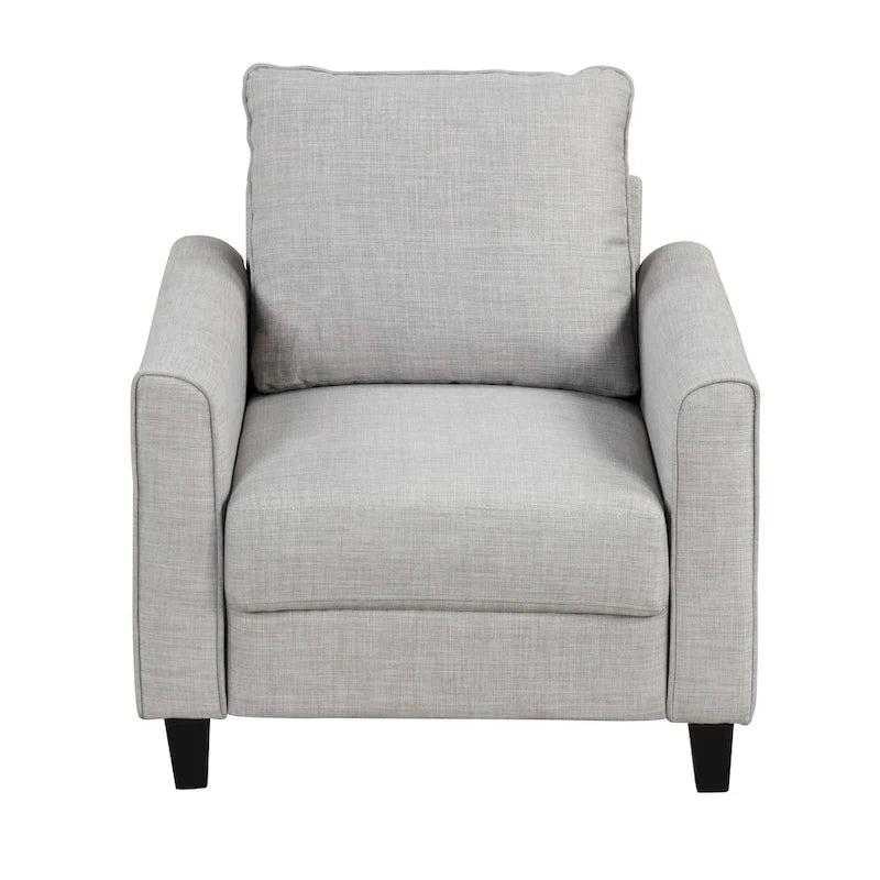 Fauteuil contemporain à accoudoirs évasés avec pieds fuselés en bois massif, fauteuil simple rembourré en tissu par