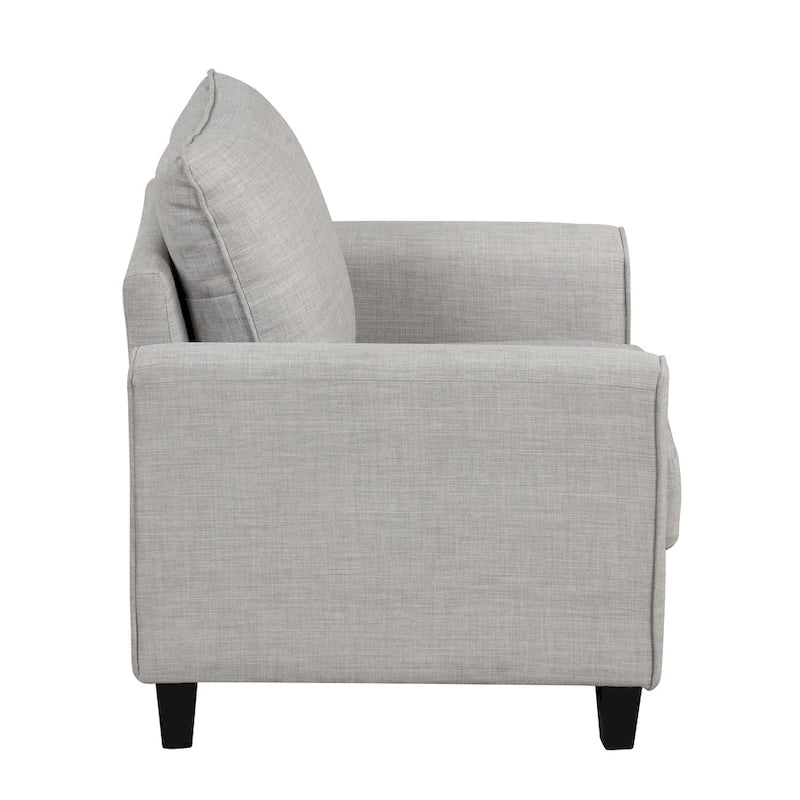 Fauteuil contemporain à accoudoirs évasés avec pieds fuselés en bois massif, fauteuil simple rembourré en tissu par