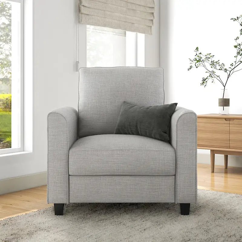 Fauteuil contemporain à accoudoirs évasés avec pieds fuselés en bois massif, fauteuil simple rembourré en tissu par