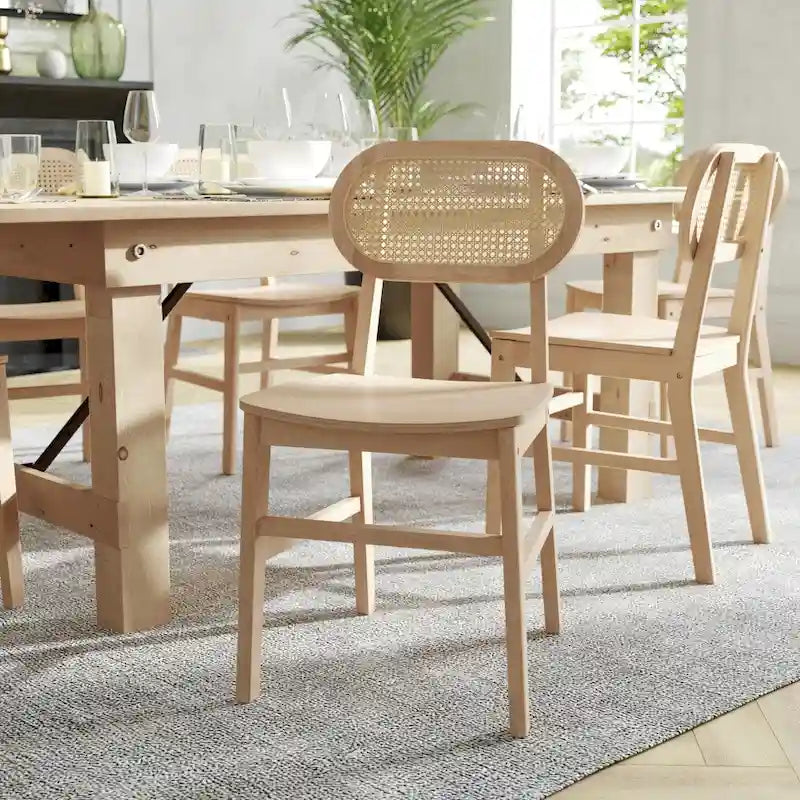 Chaise événementielle commerciale en rotin de canne avec dossier et assise en bois