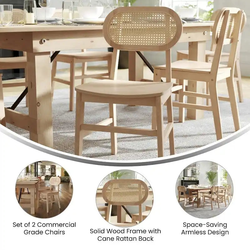 Chaise événementielle commerciale en rotin de canne avec dossier et assise en bois