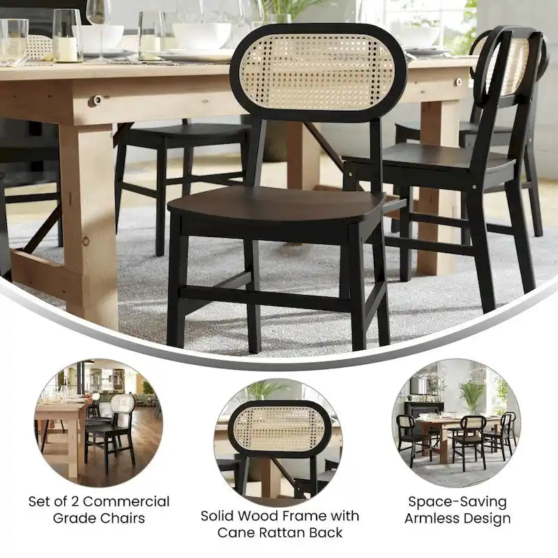 Chaise événementielle commerciale en rotin de canne avec dossier et assise en bois
