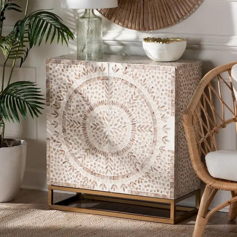 Armoire de rangement moderne bohème blanche et marron rustique en nacre