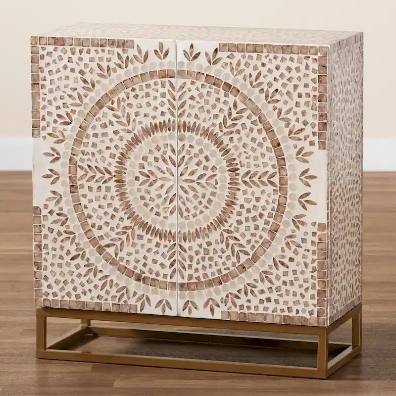 Armoire de rangement moderne bohème blanche et marron rustique en nacre