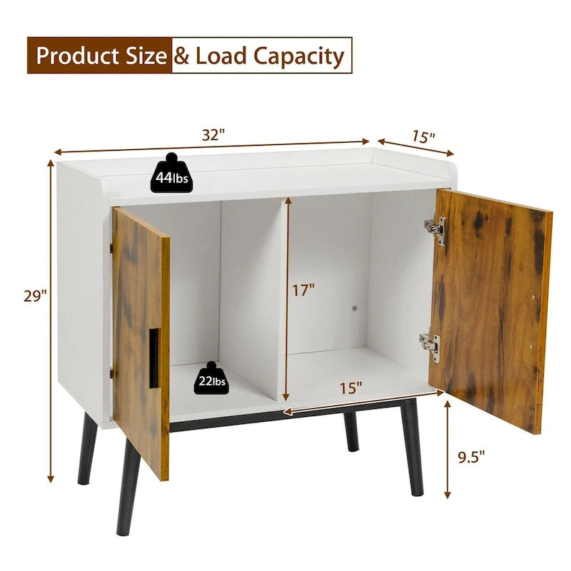 Meuble de rangement en bois Mid-Century avec 2 portes et pieds en métal pour entrée - 32 x 15 x 29 (L x l x H)