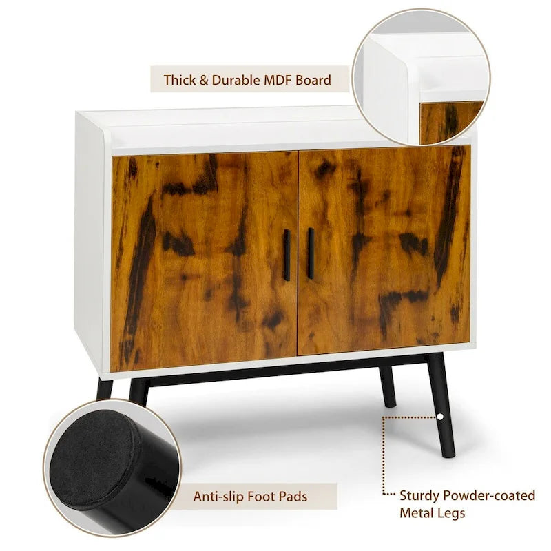 Meuble de rangement en bois Mid-Century avec 2 portes et pieds en métal pour entrée - 32 x 15 x 29 (L x l x H)
