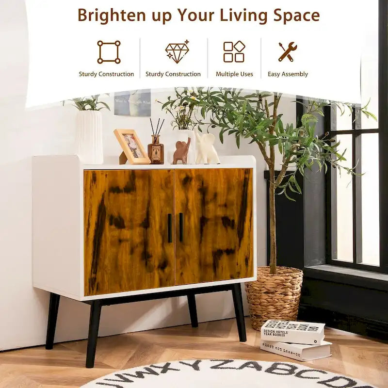 Meuble de rangement en bois Mid-Century avec 2 portes et pieds en métal pour entrée - 32 x 15 x 29 (L x l x H)