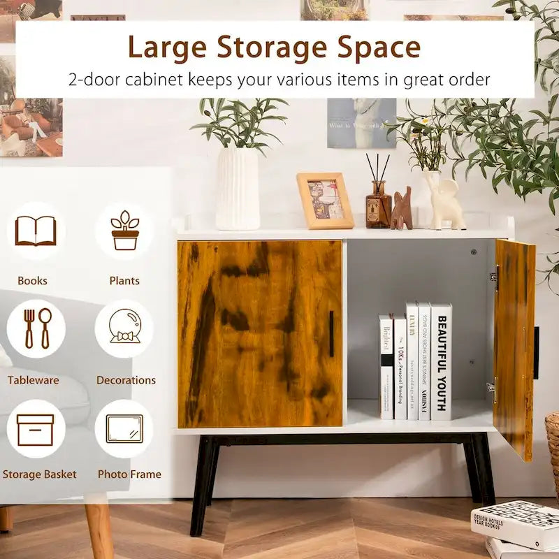 Meuble de rangement en bois Mid-Century avec 2 portes et pieds en métal pour entrée - 32 x 15 x 29 (L x l x H)