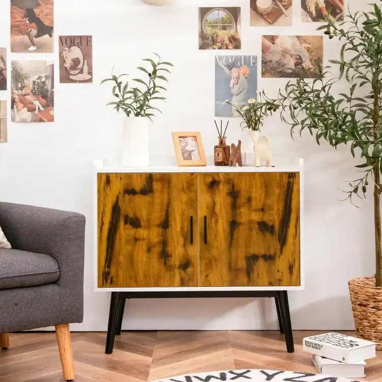 Meuble de rangement en bois Mid-Century avec 2 portes et pieds en métal pour entrée - 32 x 15 x 29 (L x l x H)