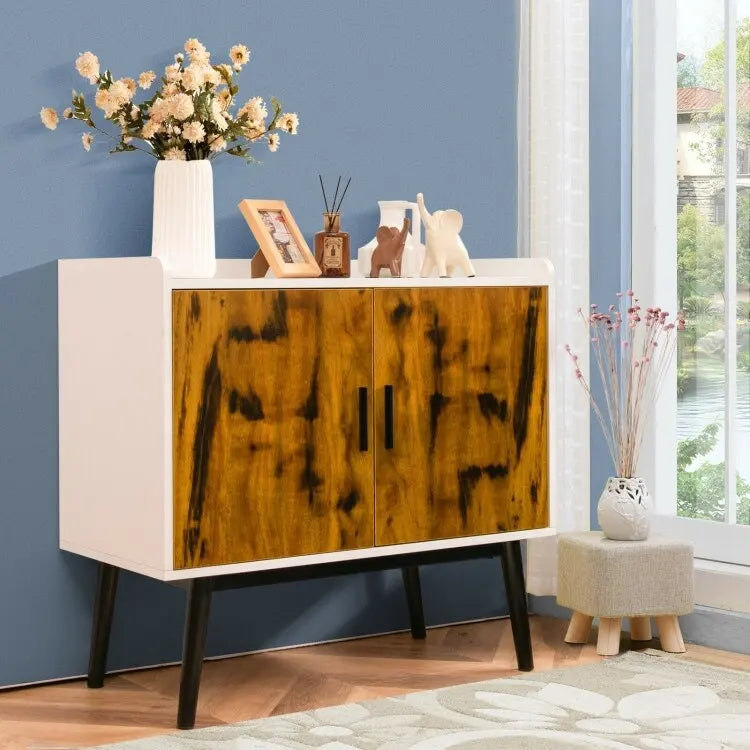 Meuble de rangement en bois Mid-Century avec 2 portes et pieds en métal pour entrée - 32 x 15 x 29 (L x l x H)
