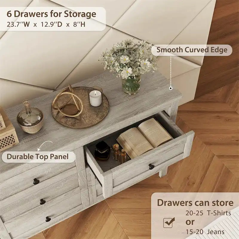 Commode en bois de style ferme avec 6 tiroirs