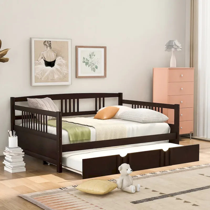 Lit de repos en bois grand format avec lit gigogne double