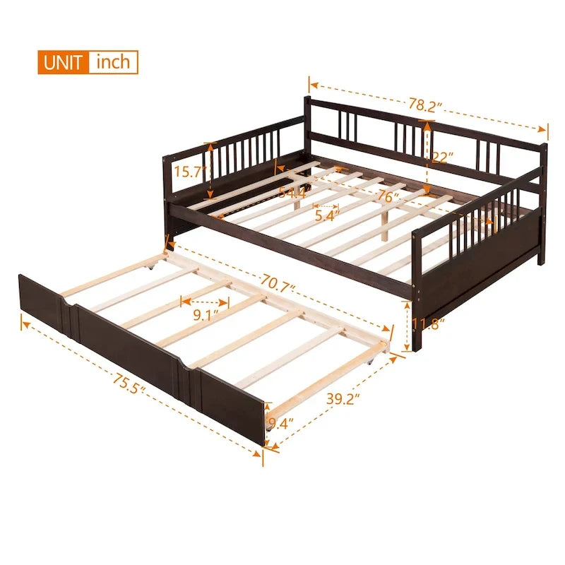 Lit de repos en bois grand format avec lit gigogne double