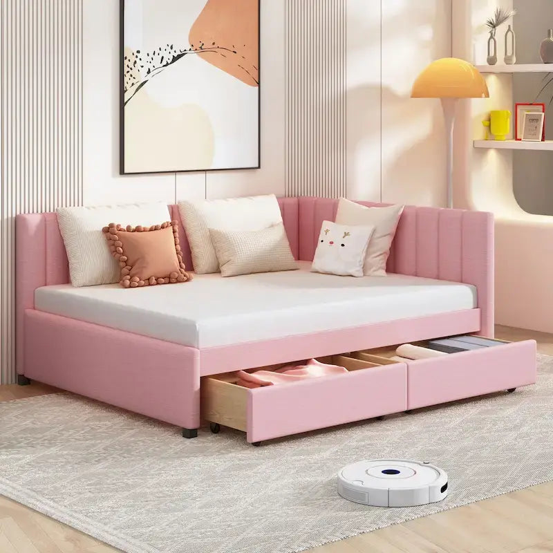 Lit de repos capitonné pleine grandeur avec 2 tiroirs de rangement Cadre de lit banquette Aucun sommier tapissier requis