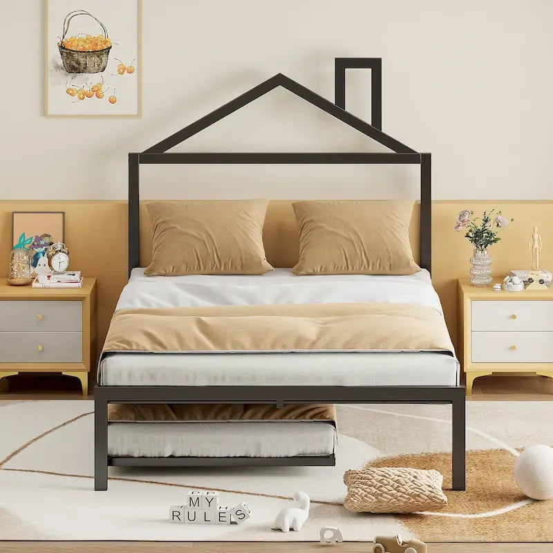 Lit plate-forme en métal double avec lit gigogne simple