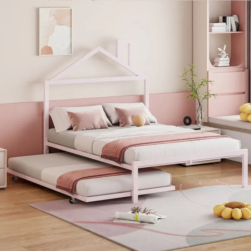 Lit plate-forme en métal double avec lit gigogne simple
