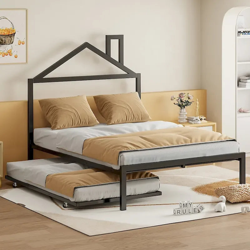 Lit plate-forme en métal double avec lit gigogne simple
