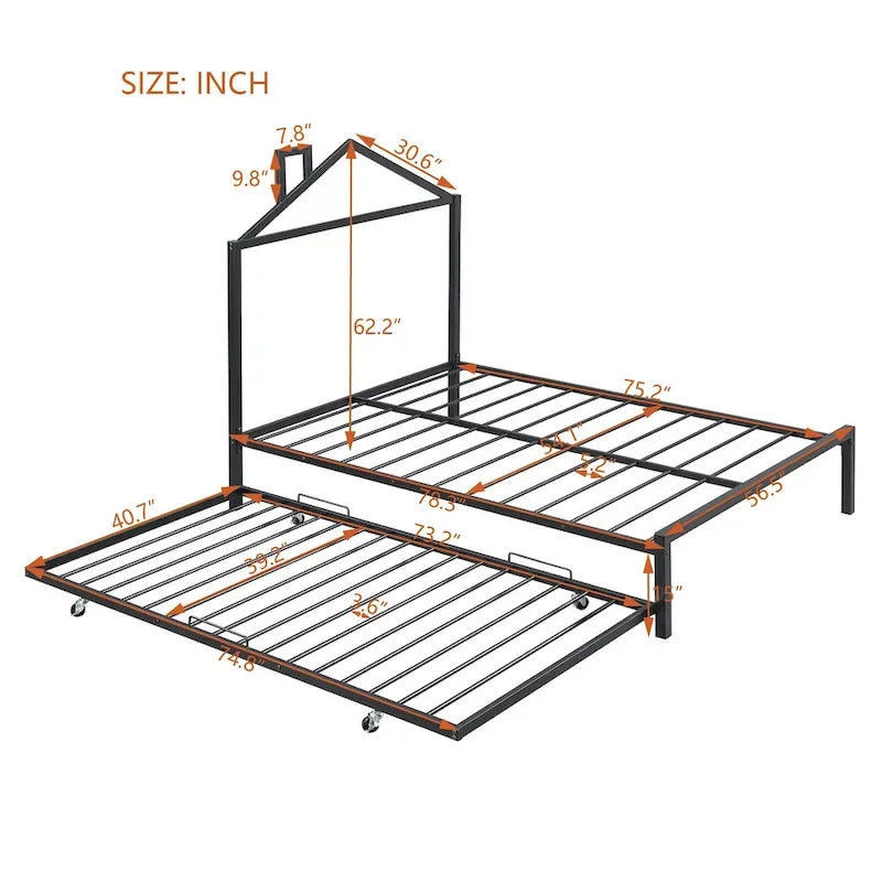 Lit plate-forme en métal double avec lit gigogne simple