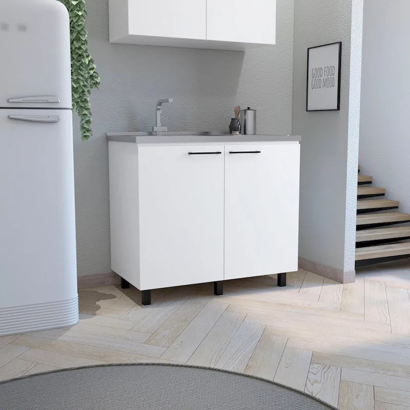 Évier de service avec meuble, plan de travail en acier inoxydable, étagère intérieure