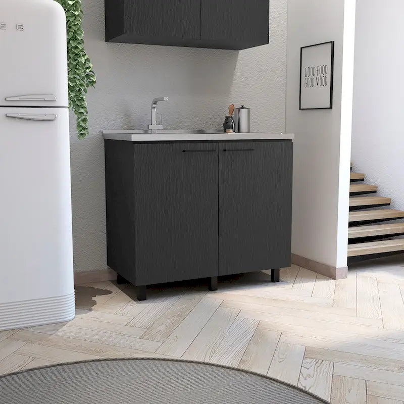 Évier de service avec meuble, plan de travail en acier inoxydable, étagère intérieure