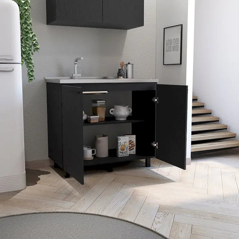 Évier de service avec meuble, plan de travail en acier inoxydable, étagère intérieure