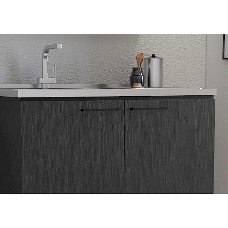 Évier de service avec meuble, plan de travail en acier inoxydable, étagère intérieure