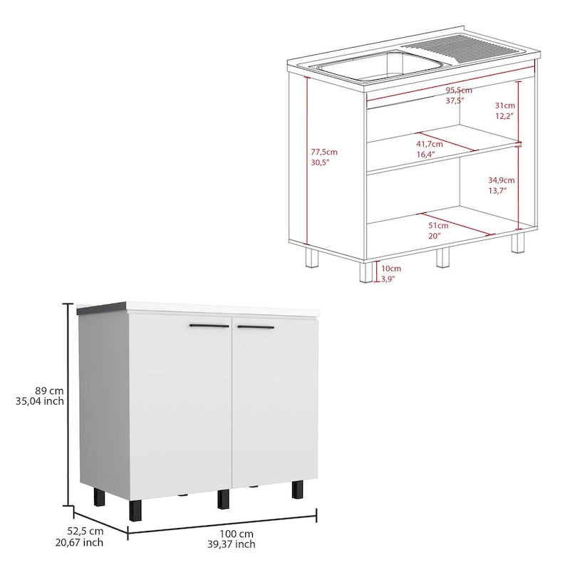 Évier de service avec meuble, plan de travail en acier inoxydable, étagère intérieure