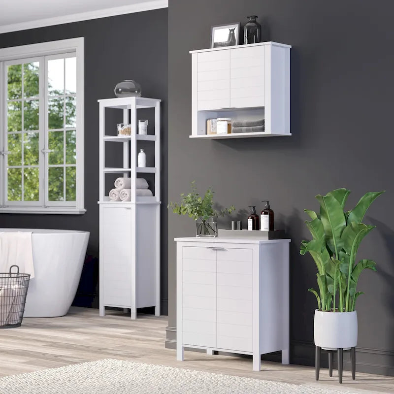 Armoire de salle de bain haute à porte unique avec étagères intérieures ouvertes et réglables