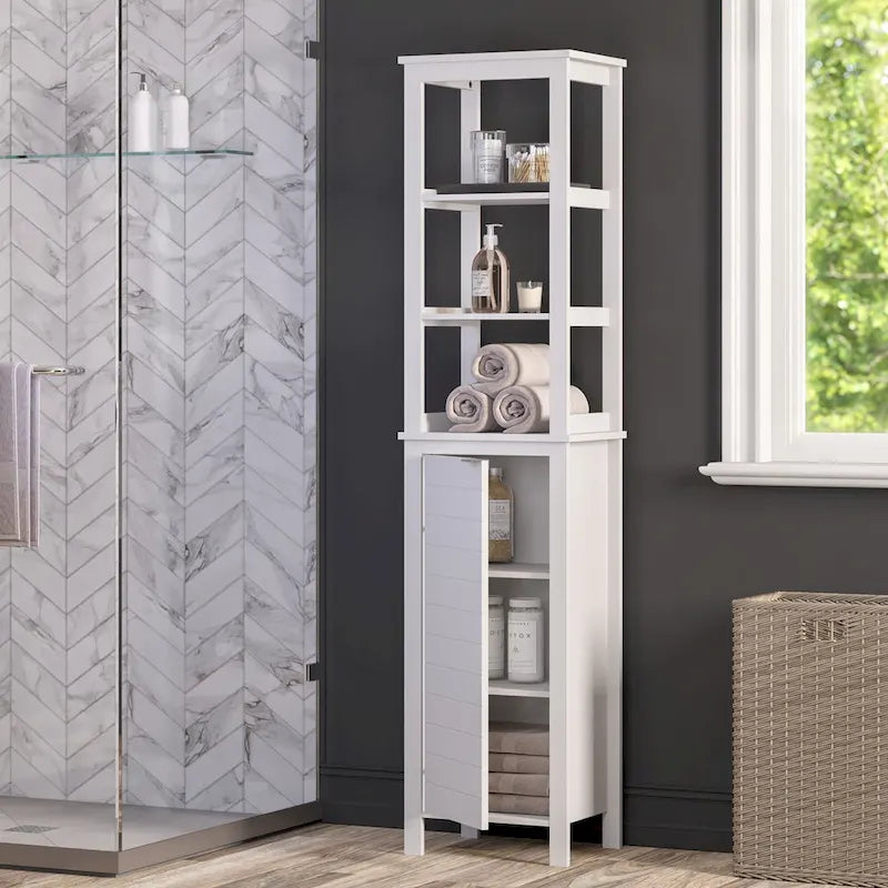 Armoire de salle de bain haute à porte unique avec étagères intérieures ouvertes et réglables