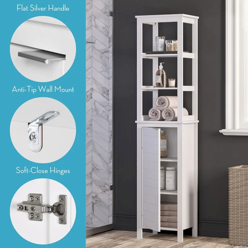 Armoire de salle de bain haute à porte unique avec étagères intérieures ouvertes et réglables