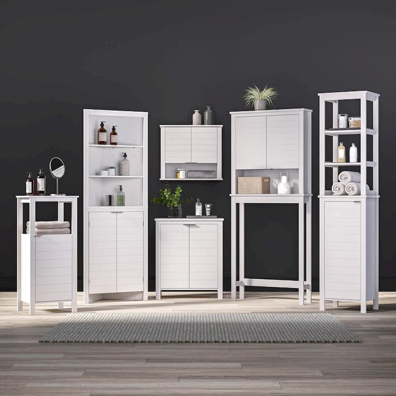 Armoire de salle de bain haute à porte unique avec étagères intérieures ouvertes et réglables