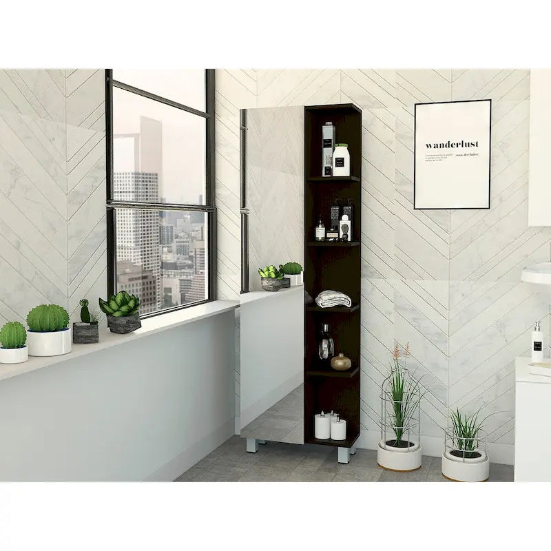 Armoire de toilette avec miroir, quatre étagères intérieures, finition wengé noir
