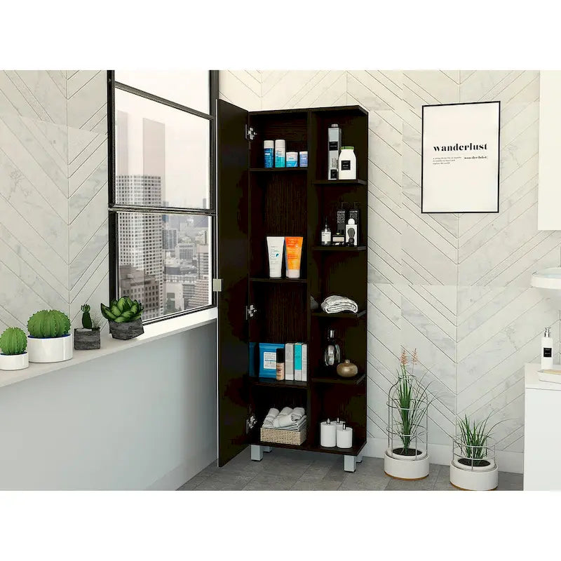Armoire de toilette avec miroir, quatre étagères intérieures, finition wengé noir